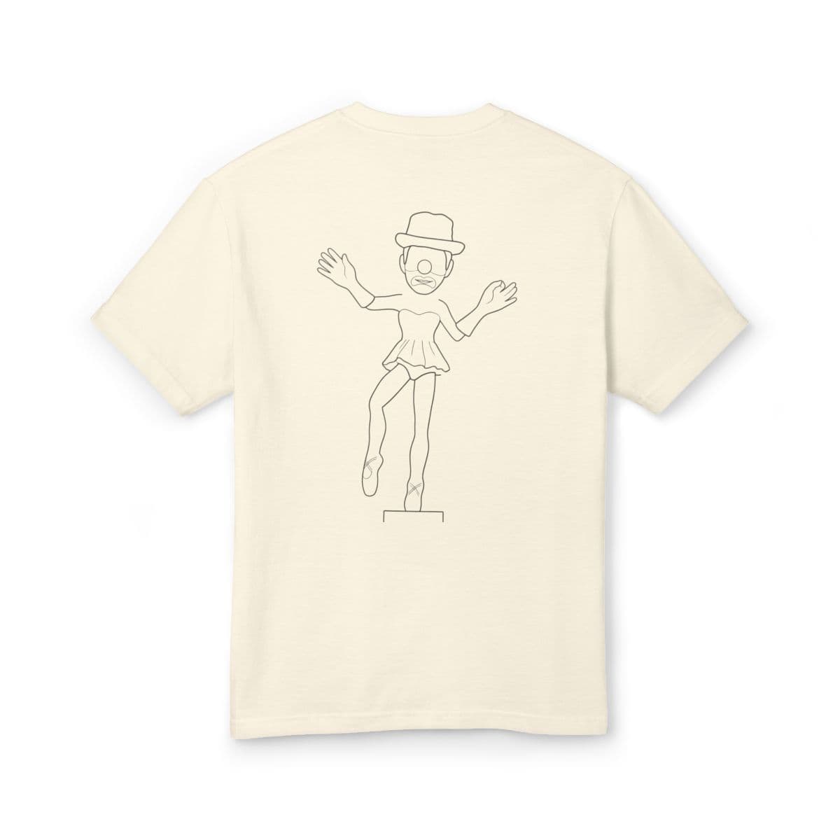 Ivory heavyweight tee with a single-line drawing of the Ballerina Clown on the back.