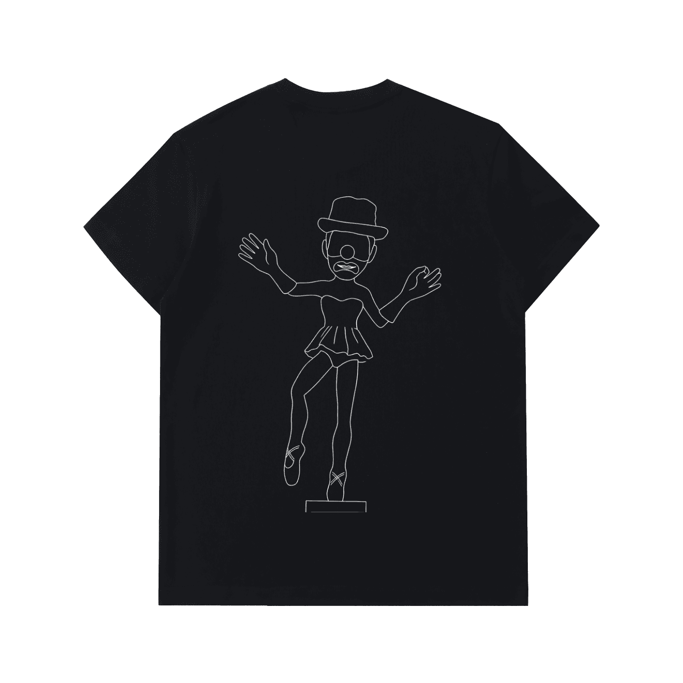 Black heavyweight tee with a single-line drawing of the Ballerina Clown on the back.