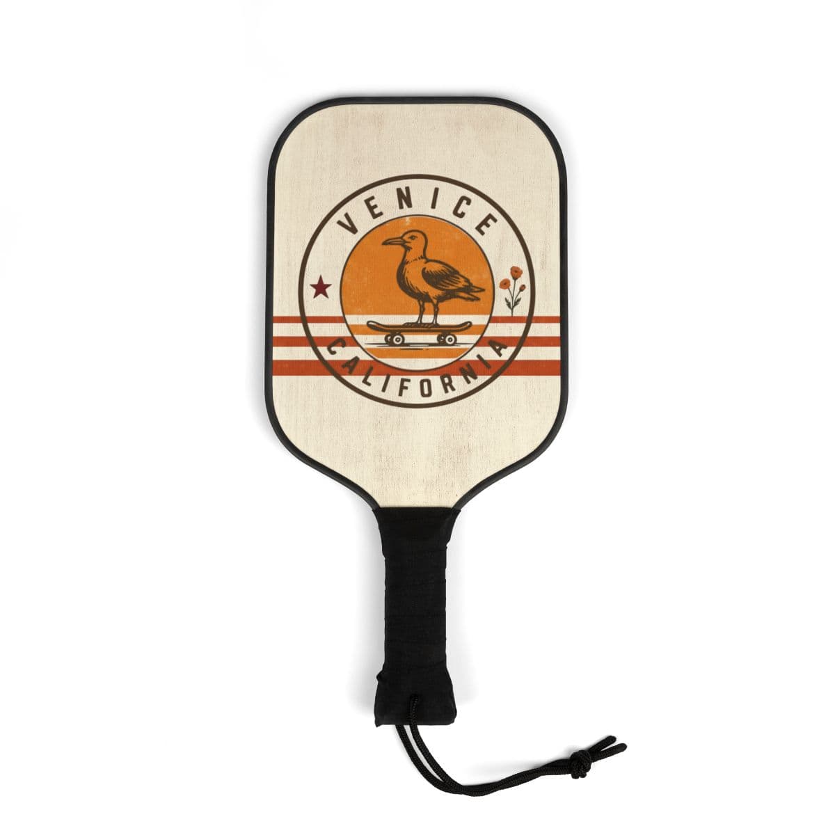 Maple pickleball paddle with the Venice California seal printed on the face: seagull on a skateboard, terracotta star, twin red rings.
