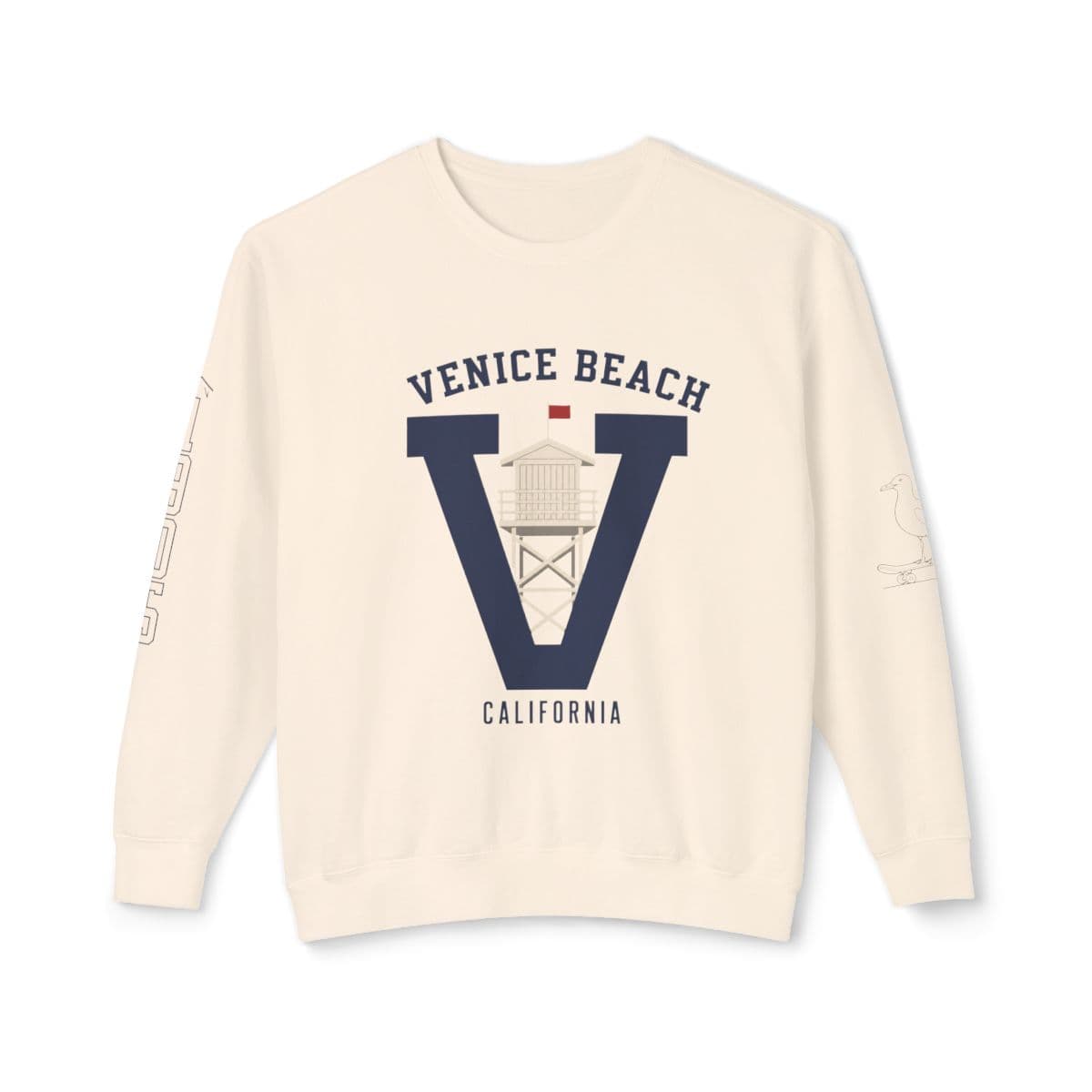 Cream crewneck sweatshirt with a large navy 'V' arch and lifeguard tower lockup over 'Venice Beach California.'